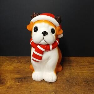 Christmas Holiday Dog Wearing Santa Hat & Scarf 11" Ceramic Cookie Jar